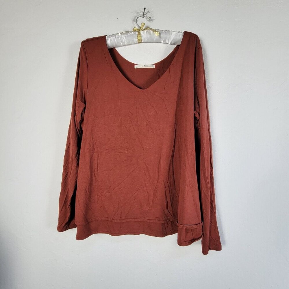 Peruvian Connection Women V-Neck Long Sleeve Top Large Rust Viscose Blend Hi-Low